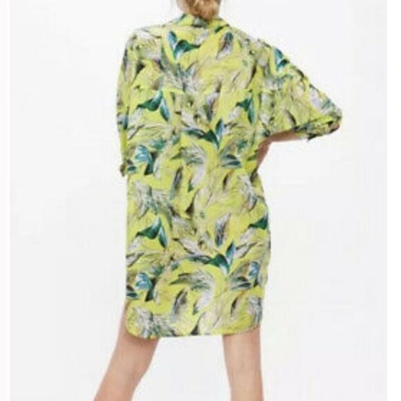 (SOLD) ZARA Tropical Print Button Front Mini Coverup Shirtdress Yellow Green M/L - Picture 11 of 12